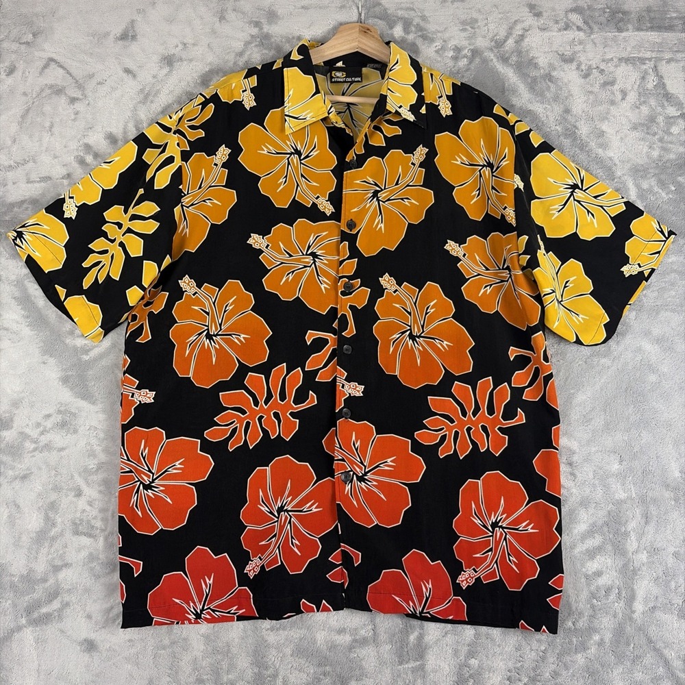 Vintage Street Culture Shirt Mens XL Black Orange Button Up Hawaiian Flowers